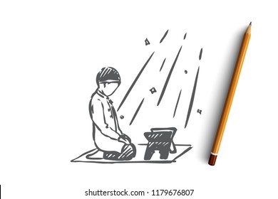 Muslim, arab, islam, religion, koran, boy, child concept. Hand drawn muslim boy praying with Koran book concept sketch. Isolated vector illustration.