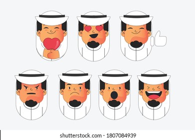 Muslim Arab male emoji , high quality vector round shaped man cartoon, face icon template with tear, smile, sad