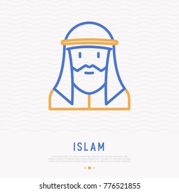 Muslim arab man with beard thin line icon. Modern vector illustration.