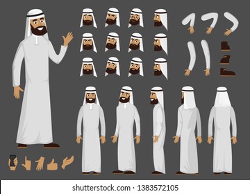 Muslim arab man creator character with different facial emotions and body view. Vector arab man character in flat style.