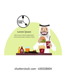 Muslim Arab Man eating fast food at canteen.Vector/Illustration