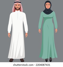 Muslim arab man and woman vector character wearing arabic traditional abaya and thawb dress. Vector illustration.