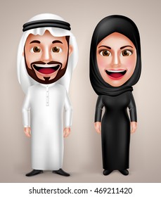 Muslim arab man and woman vector character wearing arabic traditional abaya and thawb dress with friendly smile. Vector illustration.