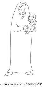 Muslim Arab mother carrying her child. mother's Day . A mother wears a hijab and abaya carrying a child - coloring page