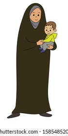 Muslim Arab mother carrying her child. mother's Day . A mother wears a hijab and abaya carrying a child 