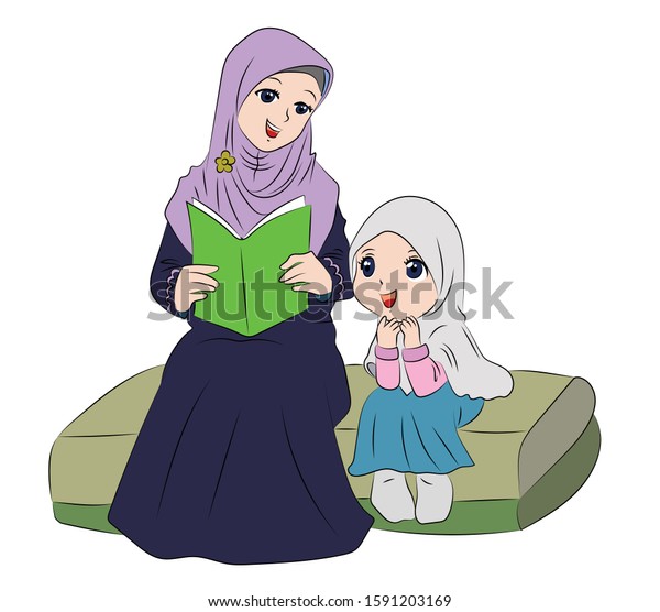 Muslim Arab Mother Reading Quran Her Stock Vector Royalty Free 1591203169