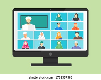 Muslim or Arab Online Class. School Learn Study from home via Teleconference Web Video Conference Call During Coronavirus COVID-19 Pandemic Display on PC Screen. Middle East College Test or Course