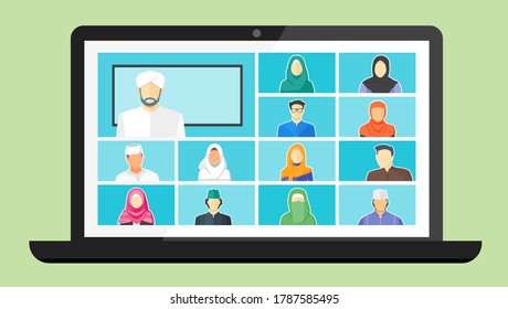 Muslim or Arab Online Class. School Learn Study from home via Teleconference Web Video Conference Call During Coronavirus COVID-19 Pandemic Display on Laptop Screen. Middle East College Test or Course