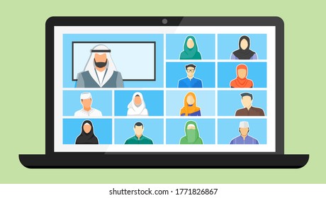 Muslim or Arab Online Class. Stay School Learn Study from home via Teleconference Web Video Conference Call During Coronavirus COVID-19 Pandemic Display on Screen. Middle East College Test or Course