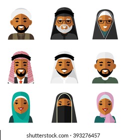 Muslim Arab People Characters Avatars Icons Set In Flat Style Isolated On White Background. Different  Islamic Saudi Arabic Ethnic Man And Woman Smiling Faces In Traditional Clothing