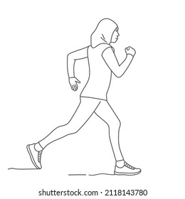 Muslim Arab Woman In Hijab Doing Sports, Running. Hand Drawn Vector Illustration. Black And White.