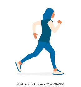 Muslim Arab woman in hijab doing sports, running. Color vector illustration.