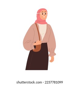 Muslim Arab woman in hijab headwear. Islam girl wearing traditional outfit, head kerchief, headdress, glasses. Happy Arabian female character. Flat vector illustration isolated on white background