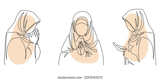 Muslim arab woman praying. A girl in a scarf, praying. Logo one line womens hijab scarf. Hijab vector illustration set.