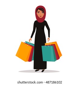 Muslim Arab Woman with shopping bags. Shop sale vector illustration.