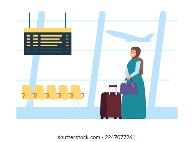 Muslim Arab woman stands at airport with luggage. Travel by airplane. Female in traditional Islam clothing. Plane transportation. Arabian in hijab waiting plane boarding