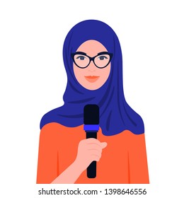 Muslim Arab woman talking in microphone in front of conference. Human rights and social activities. Business and education. Vector flat illustration.