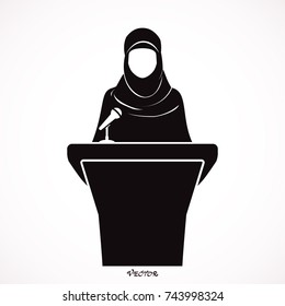 Muslim Arab Woman Talking In Microphone In Front Of Conference For Politic And Women Issues. Vector Illustration.