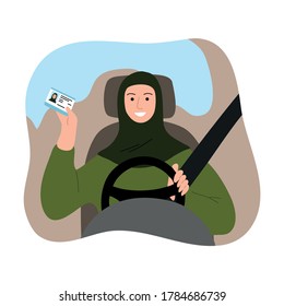 Muslim Arab woman in traditional green hijab with a safety belt driving a car and showing driving license. Vector illustration in flat cartoon style.