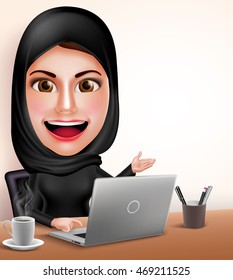 Muslim arab woman vector character as professional working with laptop in office desk showing white space with friendly smile. Vector illustration.