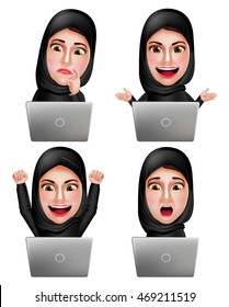 Muslim arab woman vector characters set working with laptop wearing hijab or head scarf with facial expression isolated in white background. Vector illustration.