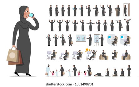 Muslim Arab woman at work in the mosque and with family big set. Doing business, different poses, views, gestures, emotions. Office equipment and furniture. Vector illustration.