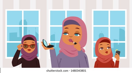 Muslim arab women doing makeup banner vector illustration. Arabic character putting lipstick and holding mirror. Girl wearing glasses, female doing selfie photo on phone in room.
