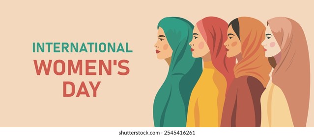 Muslim arab women stand side by side together. Women's day. Vector creative banner place for text