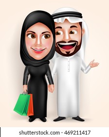 Muslim arab young couple vector characters wearing traditional emirati dress happy holding hands while holding bags and shopping. Vector illustration.