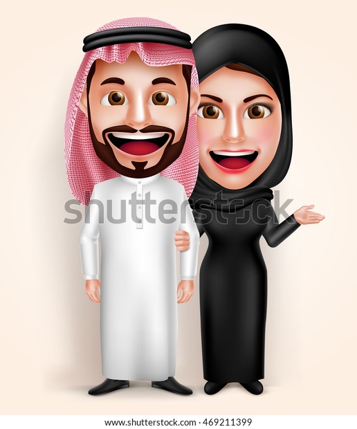 イスラム教徒のアラブの若い男性と女性のカップルのベクター画像キャラクターで サウジの伝統的なドレスを着て歩きながら手を幸せに握る ベクターイラスト のベクター画像素材 ロイヤリティフリー