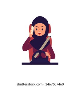 Muslim and Arab young woman driver talking on a mobile phone and a smartphone while driving. Arab woman driver driving in hijab. Isolated flat cartoon vector illustration.