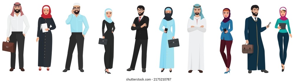 Muslim Arabic Business people. Arab office male and female cartoon characters set.