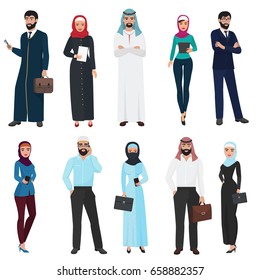 Muslim Arabic Business people. Arab office male and female cartoon vector illustration set.