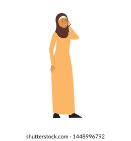 Muslim or arabic business woman talking on smart phone flat vector character illustration isolated on white background. Concept of equality and ocupation of women.