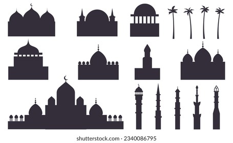 Muslim or arabic cityscape black silhouettes. Islamic city skyline with mosque and minaret Arabic architecture