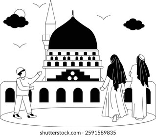 Muslim Arabic Family Going to Visit Prophets City Mosque concept, Rawdah Sharif of Al-Masjid an-Nabawi with pilgrimages vector icon design, Ramazan and Eid al-Fitr sign, Muslim fasting month story,