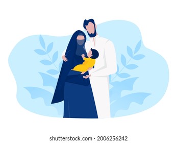 Muslim Arabic Family Muslim Family With Kid Cartoon Characters Flat Vector Illustration. 