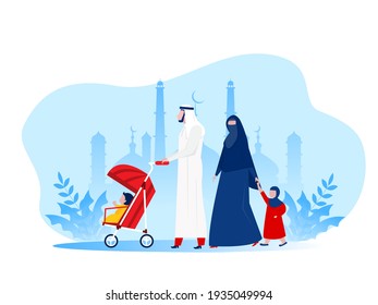 Muslim Arabic family walking in park Kid ,cartoon characters flat vector illustration. 