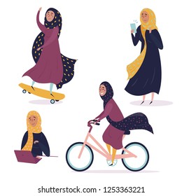 Muslim arabic girl in different situations, wearing hijab. Young contremporary, modern woman on skate, with phone and laptop, riding bicycle. Concept of equal rights and empower for all women. Be free