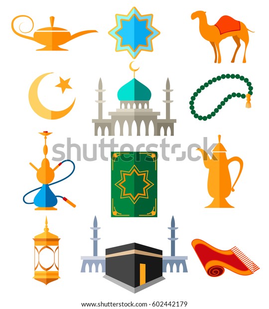イスラム教徒のアラビア語のアイコンベクターイラスト ラマダンカレームのイスラム文化の色のついた兆候 のベクター画像素材 ロイヤリティフリー