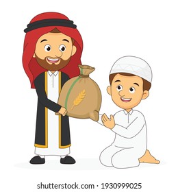 A muslim arabic man giving alms or zakat to needy man on eid mubarak