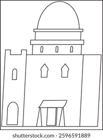 Muslim Arabic old city street with traditional houses and middle east buildings and shop vector illustration in black and white, Jerusalem cityscape or Islamic village scene sketch