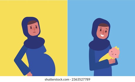 Muslim, Arabic pregnant women and breastfeeding women wearing hijab Two mothers, two journeys