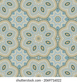 Muslim authentic mosaic vector seamless motif. Wallpaper print design. Abstract spanish pattern. Porcelain decor design. Circles and lines composition.