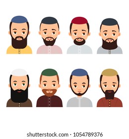 Muslim avatar. Set Muslim or Arab man avatars. Isolated characters of representatives of Islam on a white background in a flat style.