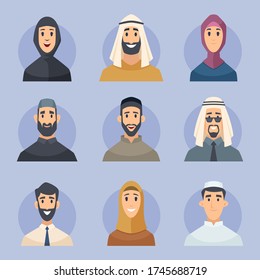 Muslim avatars. Arabic male and female characters front view portraits faces vector east people