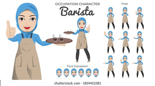 Muslim Barista Character Set with Variety of Pose and Face Expression