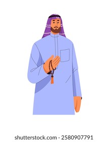 Muslim with beads in hand wearing traditional arab headwear, keffiyeh. Sheikh, arabian with Islamic religion, moslem in religious clothes. Flat isolated vector illustration on white background