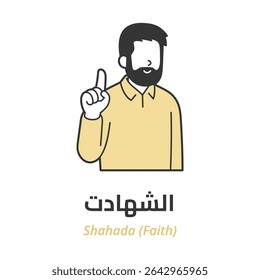 Muslim bearded man raising his finger performing the Shahada, a pillar of Islam. Vector illustration design isolated on white background