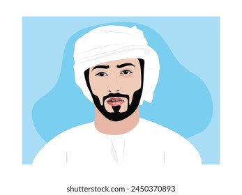 Muslim bearded man wearing long shirt and white turban. Character design. Vector flat illustration